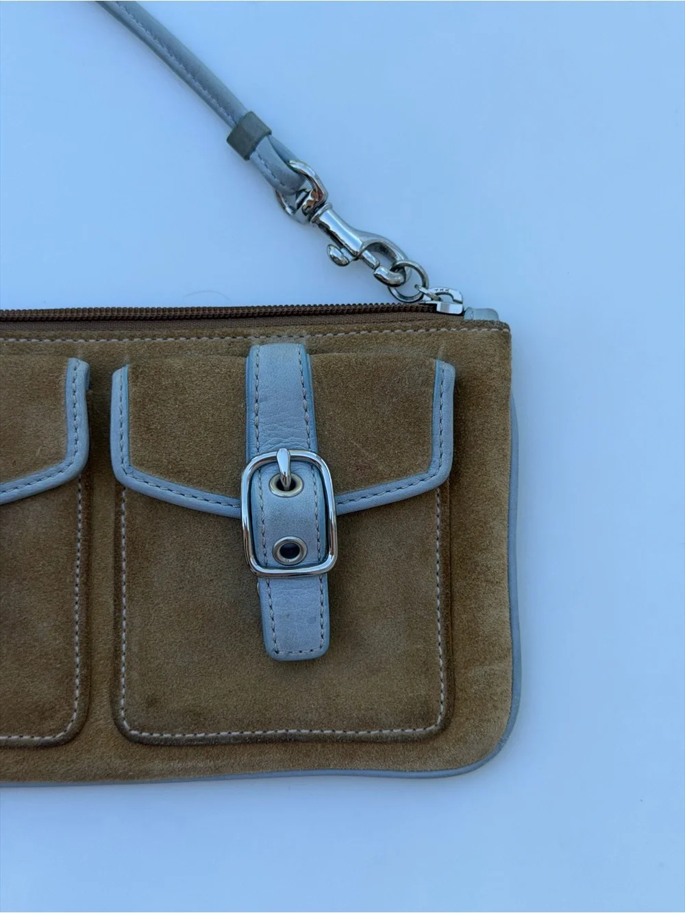 Coach Vintage Suede Y2K Cargo Pocket Wristlet Baguette Indie Sleaze Tan & Grey